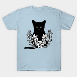 Beautiful black cat with flowers T-Shirt